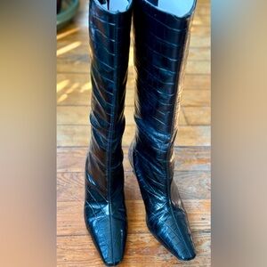 Black Faux Croc-Embossed Knee-High Boots